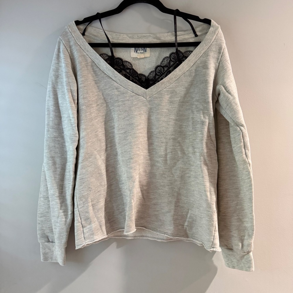 Nation LTD Sweatshirt Womens S Gray Good Lace Trim V-Neck Raw Hem Made in USA